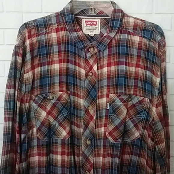 Levi's red white & blue plaid long-sleeve shirt lg - Picture 2 of 7